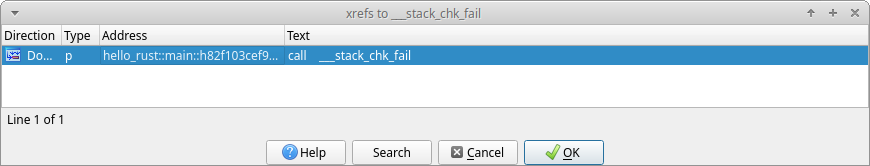 Screenshot of IDA Pro listing cross references to __stack_chk_fail in hello-rust.